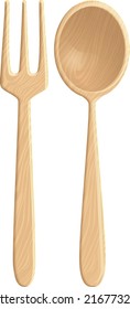 wooden salad servers. realistic texture of natural wood. Vector graphics of forks and spoons isolated on a white background.