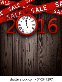 Wooden sale 2016 background with clock. Vector illustration.