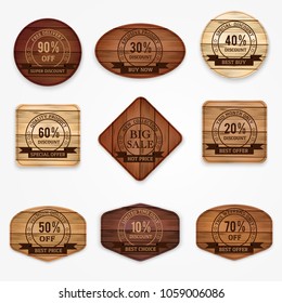 Wooden sale discount banners, stickers, labels collection . Set of various shapes wooden sign. Vector illustration.