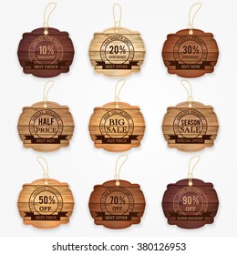 Wooden sale  discount  banners, stickers, labels collection -  special offer, big sale, half price, best buy, hot price, discount and percentages, price off, banner. Retro vintage style vector.