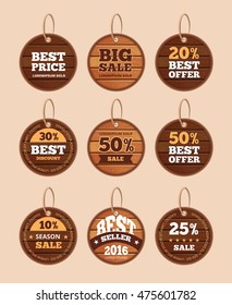 Wooden sale discount vector vintage badges, banners, stickers, labels set. Tag with special offer and discount illustration