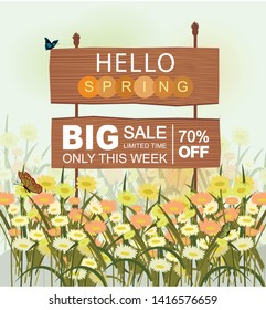 wooden sale sign with Hello Spring lettering, with flowers and butterflies can be used for background, flyers, banners, posters, web, app, flyers, online shop