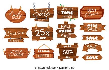 Wooden sale sticker. Season sales sign, wood board offer tag and vintage best price label. Shopping specials wooden signboard banner. Cartoon vector illustration isolated symbols set