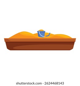 Wooden sandbox filled with sand featuring a shovel and bucket for building sandcastles