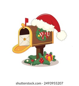 Buzón de madera de Santa. Navidades buzón abierto con ramas de abeto, acebo y cartas. Clipart de Vector aislado