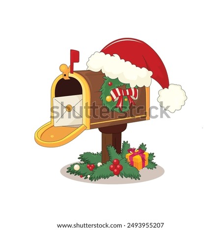 Wooden Santa's mailbox. Christmas open mailbox with fir branches, holly and letters. Isolated vector clipart