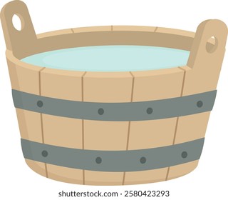 Wooden sauna bucket isolated on white background. Bath or spa accessory with water