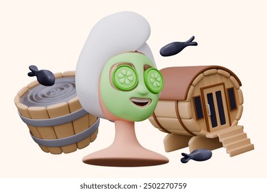 Wooden sauna house, bath with water and fish, female head with cosmetic mask and cucumbers on face