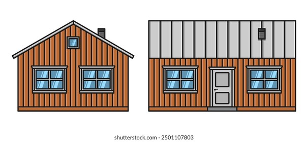 wooden scandinavian house exterior side view set vector flat illustration