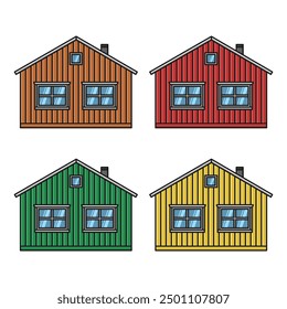 wooden scandinavian house exterior side view set vector flat illustration