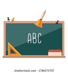 Wooden school chalkboard on white isolated backdrop. Vintage hand bell for invitation or gift card, notebook, bath tile, scrapbook. Phone case or cloth print. Flat style stock vector illustration