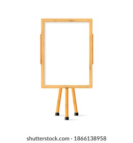 Wooden school child white art board on easel front view. Vector illustration.