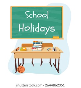 Wooden school desk with books, school supplies and basketball ball against a school blackboard. Back to school concept on a white background. Vector illustration in a flat style