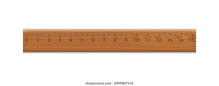 Wooden school ruler with centimeter scale. Math tool for measuring size, and length. Wood bar with millimeters scale and numbers up to 15 cm, vector realistic illustration isolated on white background