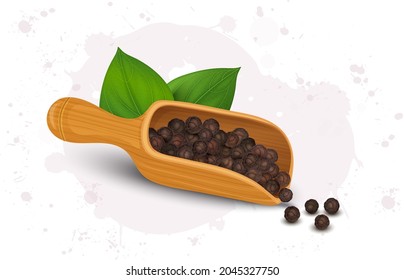 A wooden scoop with black pepper seeds and green leaves vector illustration