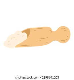 Wooden scoop with flour in hand drawn flat style. Vector illustration of cereals, sugar, powder, coconut flakes
