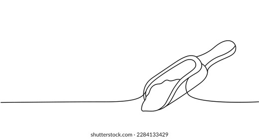 Wooden scoop with flour one line continuous drawing. Bakery pastry products continuous one line illustration. Vector minimalist linear illustration.