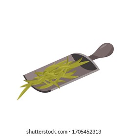 Wooden scoop with green tea leaves. Vector illustration isolated on white background.