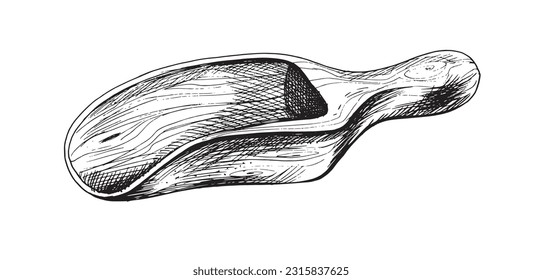 Wooden scoop for loose products, elongated, deep. Graphic illustration, hand drawn in black and white. EPS vector. Isolated object on a white background.