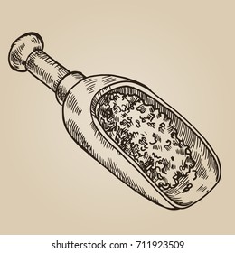 Wooden scoop with tea engraving. Beautiful measuring dishes in sketch style. Vector illustration.