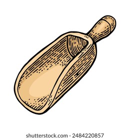 Wooden scoop. Vintage color vector engraving illustration for label, web, flayer bakery shop. Isolated on white background.