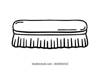 Wooden scrub brush for cleaning isolated on white background. Vector hand-drawn illustration in doodle style. Suitable for your projects, decorations, logo, various designs.
