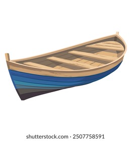 Bote de remos de madera. Un colorido bote vintage con Vacantes. Un bote de remo para paseos en barco y pesca. Clipart de Vector ilustrado.
