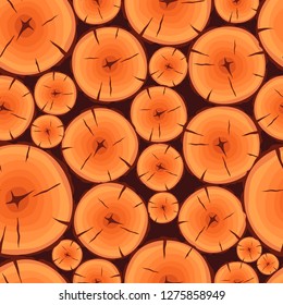 Wooden seamless pattern ring slices of tree, cracked wood texture background. Saw cut tree trunk vector illustration
