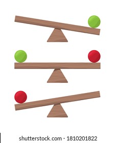 Wooden seesaw. Balance scale or equilibrio items vector flat illustrations