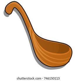 Wooden serving spoon or ladle isolated on white background. Vector cartoon close-up illustration.