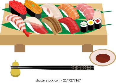 Wooden serving table and Japanese nigiri sushi