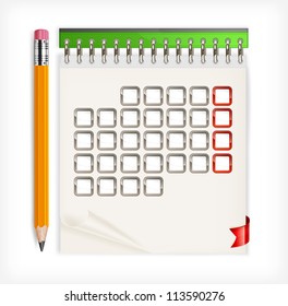 Wooden sharp pencil and notebook calendar isolated, vector illustration