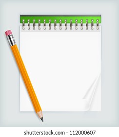 Wooden sharp pencil and notebook isolated, vector illustration