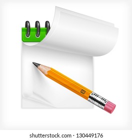 Wooden sharp pencil and notebook isolated, vector illustration. Vector Illustration.