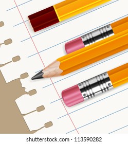 Wooden sharp pencils and white paper sheet in line isolated, vector illustration