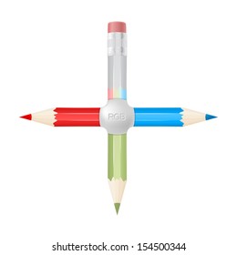 Wooden sharp red, green and blue pencils combined in RGB cross symbol