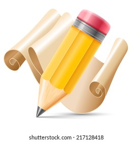 Lápiz afilado de madera y papel de desplazamiento aislado sobre fondo blanco. Ilustración vectorial detallada.