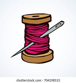 Wooden sheave of vibrant crimson cotton fiber filament and big pin on white backdrop. Bright color hand drawn logo sketchy in art retro scribble style. Closeup view with space for text