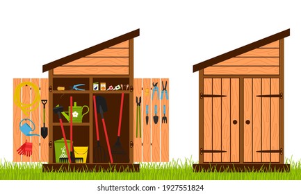 Wooden shed with closed and open doors. Gardening tools are stacked inside the shed and hung on the door. Equipment for growing plants. Vector illustration in a flat style