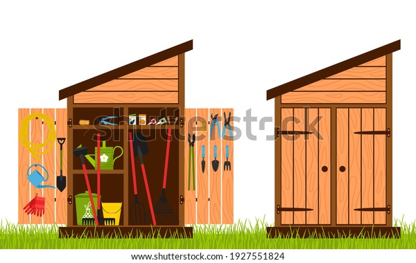 Wooden shed with closed and\
open doors. Gardening tools are stacked inside the shed and hung on\
the door. Equipment for growing plants. Vector illustration in a\
flat style