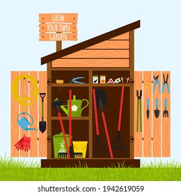 Wooden shed on the lawn with open doors. Gardening tools are stacked inside on shelves and hung on the door. A wooden sign with the words-grow your own garden. . Vector illustration in a flat style