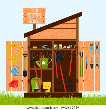 Wooden shed on the lawn with open doors. Gardening tools are stacked inside on shelves and hung on the door. A wooden sign with the words-grow your own garden. . Vector illustration in a flat style [[stock_photo]] © 