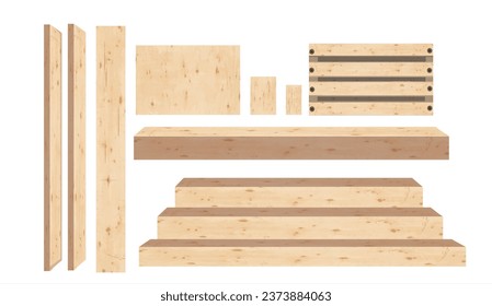 Wooden sheets, wooden crates, wooden steps.Wood set on white isoletde vector.