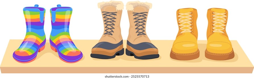 Prateleira de madeira com botas de outono. Coleção de calçados de animação isolada sobre fundo branco