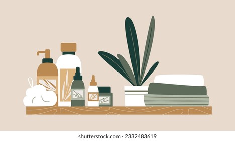 Estante de madera para el cuarto de baño con una pila de toallas y cosméticos. Bañera cosmética, productos de tocador, tarro de crema, aceites cosméticos, botella de gel, champú, vaina y maceta. Ilustración vectorial plana