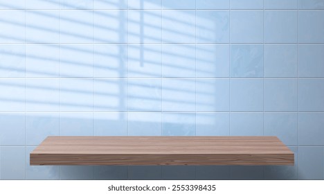 wooden shelf bathroom tiles wall   window light mock up copy space vector illustration