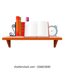 wooden shelf with books and notebooks