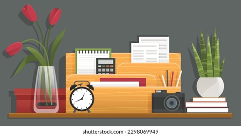 Wooden shelf with decor items. Cartoon design style bookshelf with different interior things potted plant, box and books, alarm clock, vase and camera. Office or home furniture with decorations
