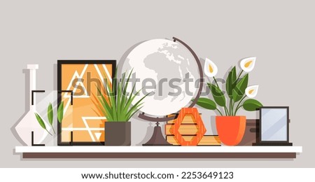 Wooden shelf with decor items. Cartoon design style bookshelf with different interior things potted plant, books, globe and pictures in frame. Hanging shelf with decorations. Office or home furniture