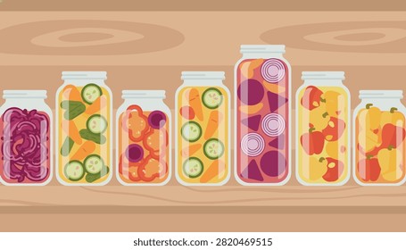 Wooden shelf displaying a row of various glass jars filled with colorful pickled vegetables.